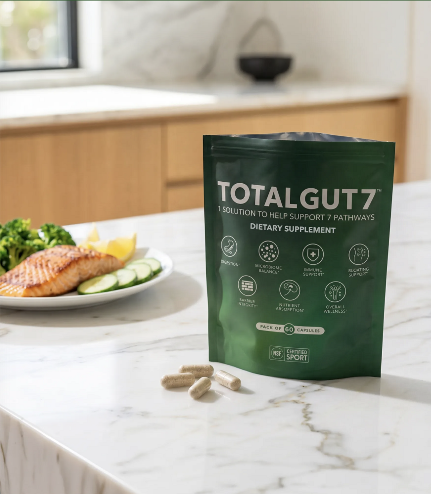 Total Gut 7 supplement pouch on a kitchen counter